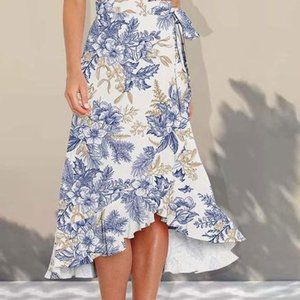 White & Blue Floral Leaf Ruffle-Accent Wrap Skirt